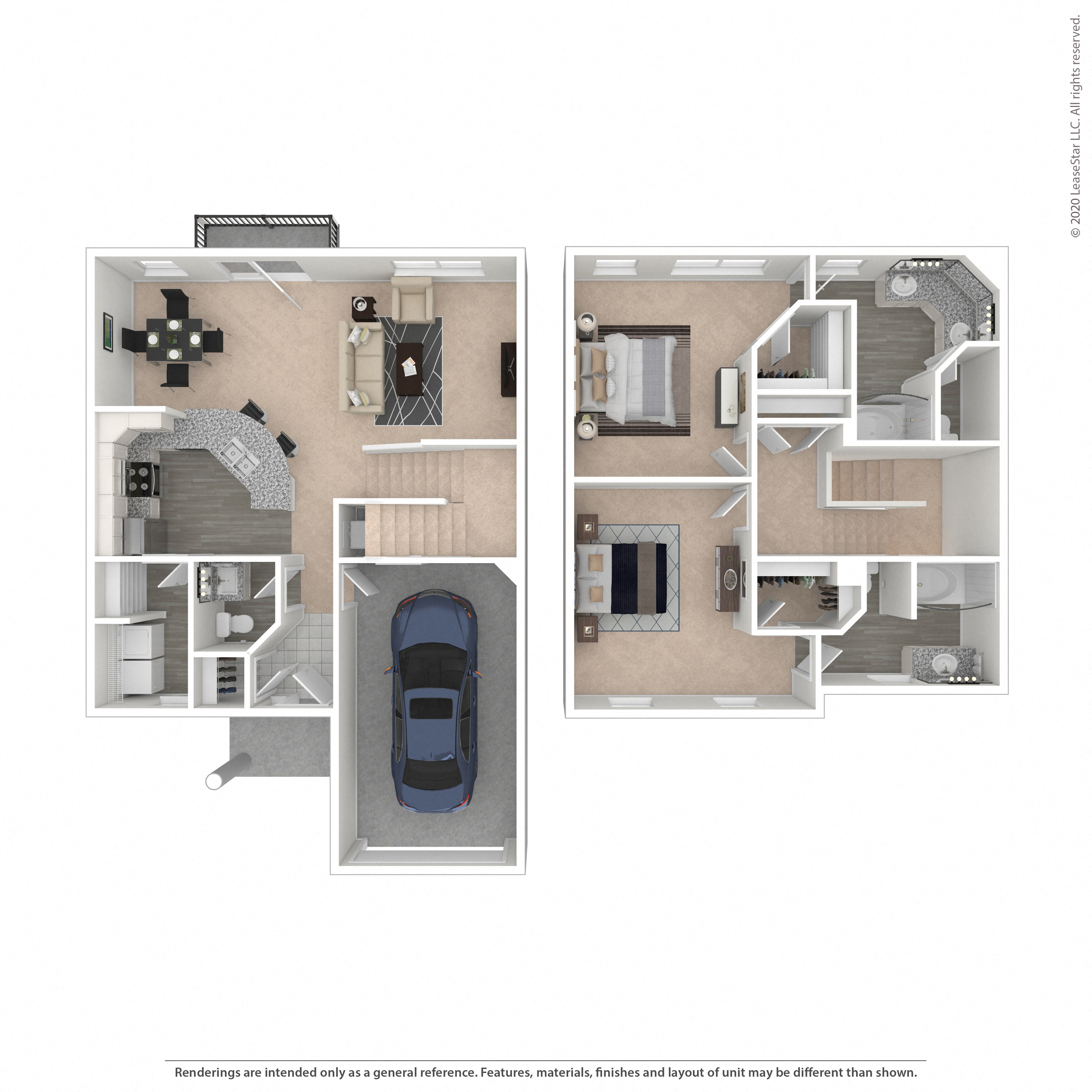 Floor plan for 2 beds, 2.5 baths, 1408 sqft